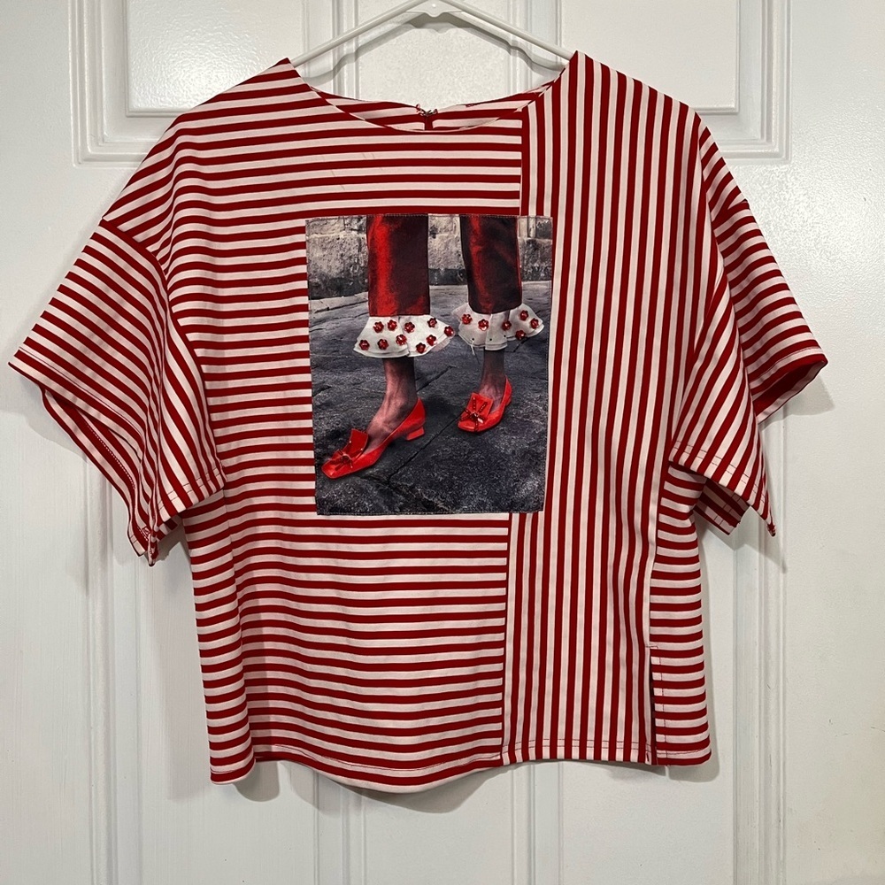 WHY Dress Red and White Striped Graphic Blouse S